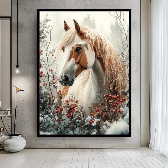 Brown and White Horse Canvas Wall Art – Winter Forest Horse Portrait Painting – Rustic Animal Print for Nature-Inspired Home Decor