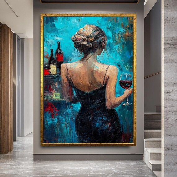 Chic Woman Wall Art With Wine Glass And Blue Abstract Bar Scene, Modern Canvas Print In Black Dress For Stylish Dining Room Or Lounge