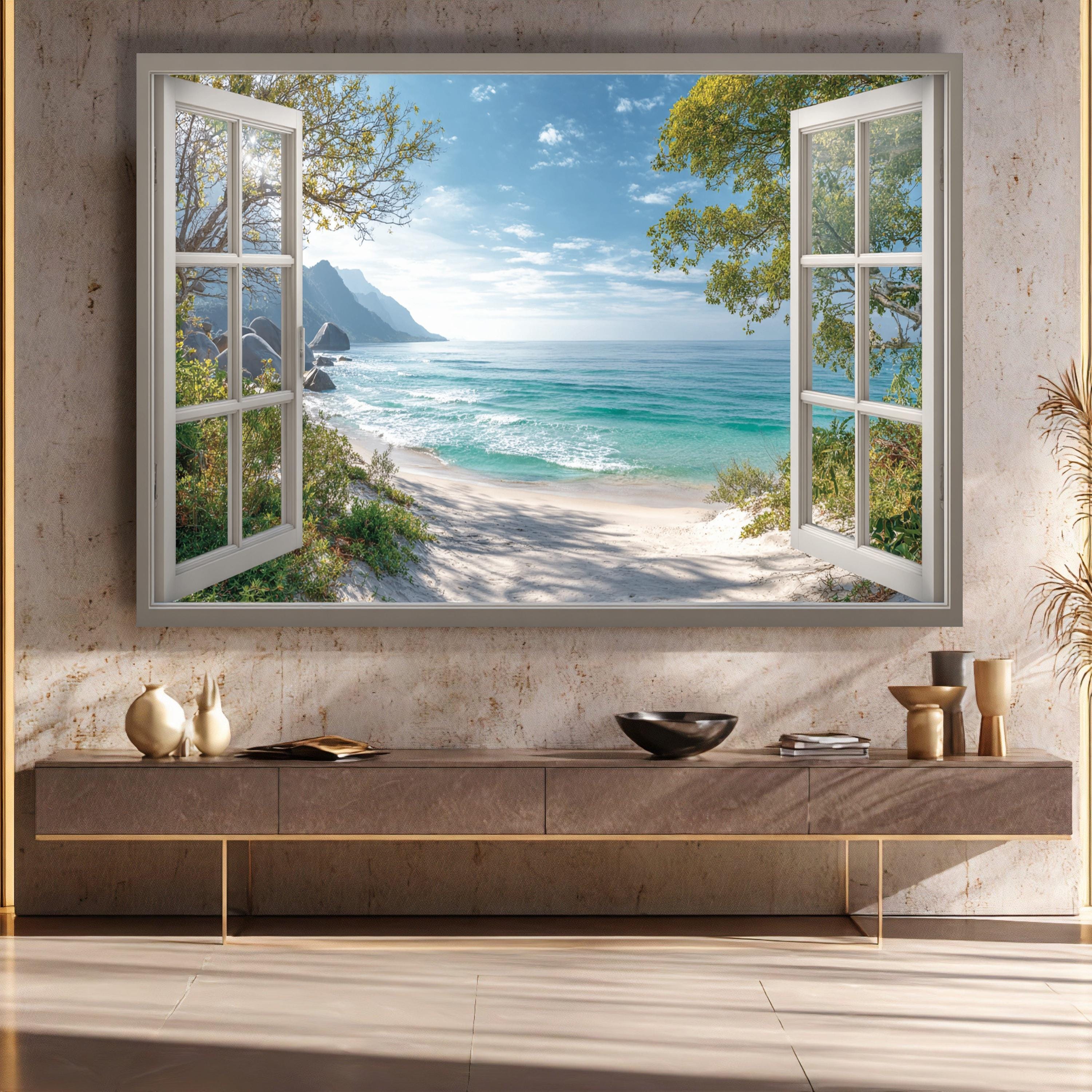 Ocean View Through Open Window Canvas, Tropical Beach Wall Art, Seaside ...