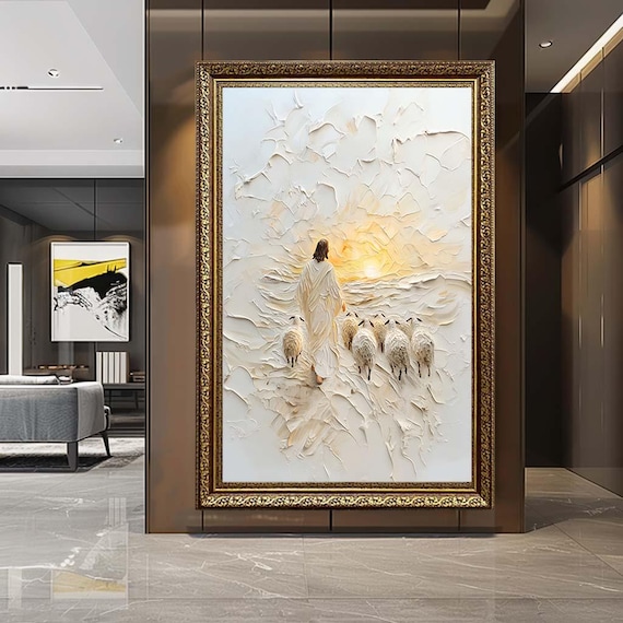 Jesus Shepherd Canvas Wall Art – Minimalist Religious Relief Print – Christian Spiritual Artwork for Peaceful Home Decor