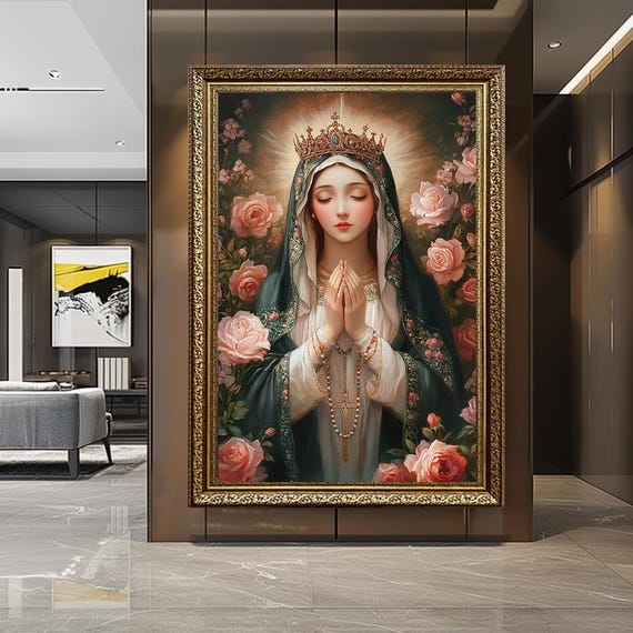 Blessed Virgin Mary Floral Canvas – Catholic Wall Art of Praying Madonna with Crown and Roses – Elegant Christian Religious Home Decor