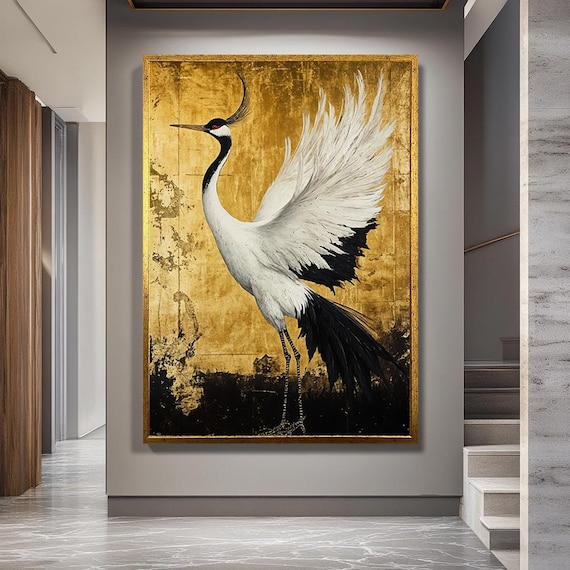 Elegant Crane Bird Canvas Wall Art, Japanese Style Gold Background Print, Luxury Oriental Nature Artwork for Living Room or Office Decor