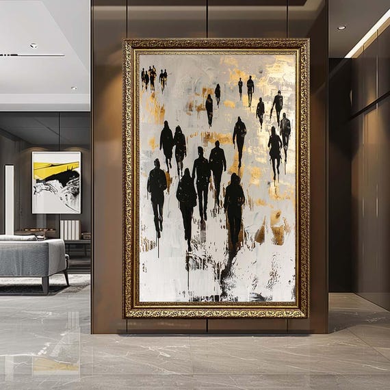 Abstract Crowd Canvas Wall Art – Modern City Silhouette Print – Minimalist Urban Artwork for Contemporary Home Decor