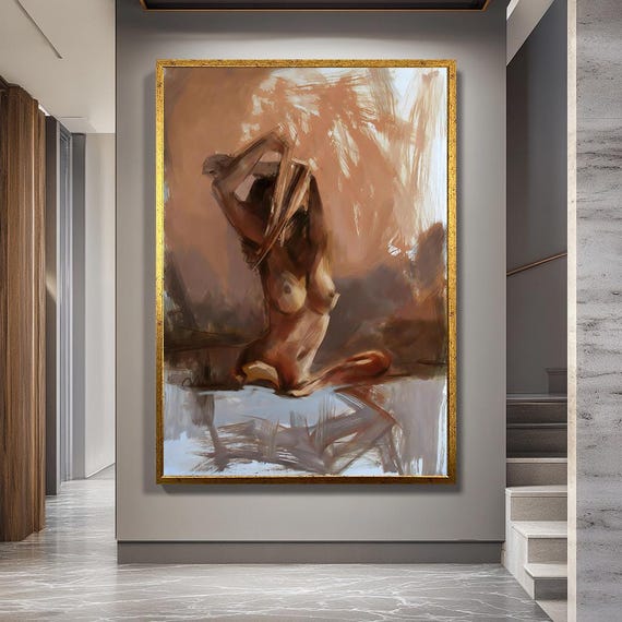 Nude Female Abstract Canvas Wall Art, Artistic Brush Stroke Woman Print, Modern Sensual Figure Print for Bedroom or Studio Decor