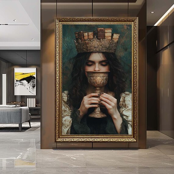 Dark Academia Queen Canvas Wall Art – Vintage Woman with Book Crown Print – Gothic Intellectual Artwork for Elegant Home Decor