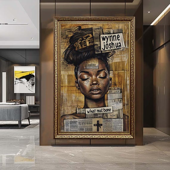 African Woman Newspaper Collage Canvas Wall Art – Urban Cultural Portrait Print – Modern Afrocentric Artwork for Stylish Home Decor