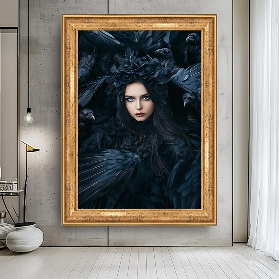 Raven Queen Gothic Wall Art – Dark Fantasy Crow Lady Portrait, Mystical Bird Canvas Print, Moody Witchy Home Décor