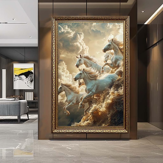 Running White Horses Canvas Wall Art – Majestic Wild Stallions Print – Dramatic Equestrian Artwork for Modern Home Decor