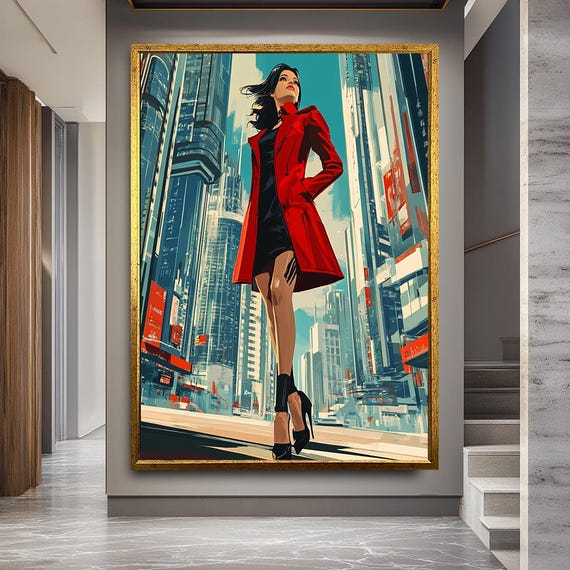 Futuristic Woman Canvas Print with Red Coat, Modern Cityscape Wall Art for Office or Gaming Room, Bold Urban Style Artwork
