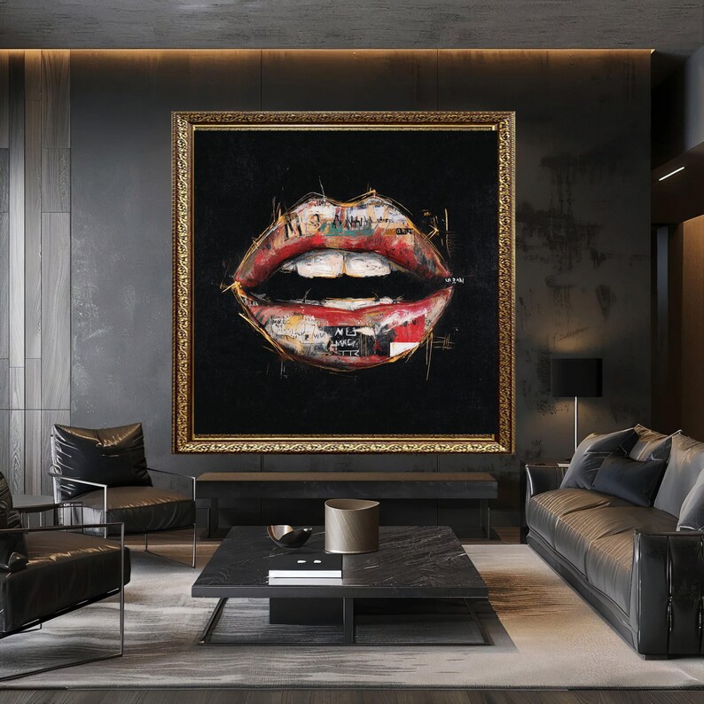 Abstract Red Lips Canvas Wall Art, Modern Expressionist Lip Design ...
