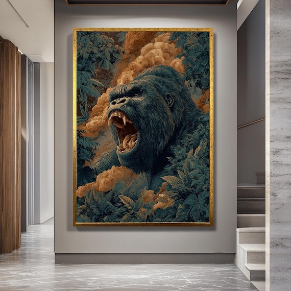 Roaring Gorilla Canvas Art – Powerful Jungle King Illustration, Dramatic Wildlife Wall Decor, Fierce Gorilla , Masculine Home Canvas Print