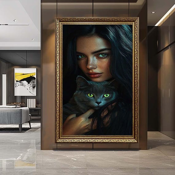 Mystical Woman with Cat Canvas Wall Art – Dark Fantasy Portrait Print – Elegant Gothic Artwork for Modern Home Decor