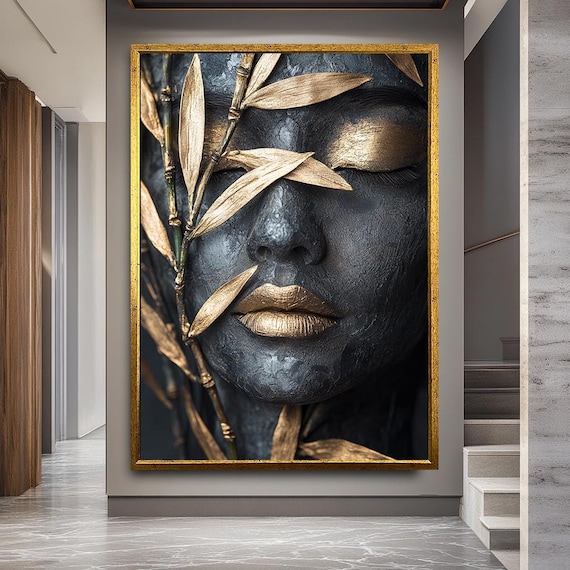 Luxury Gold and Black Woman Face Wall Art | Zen-Inspired Textured Canvas with Bamboo Leaves | Elegant Modern Decor for Spa or Living Room