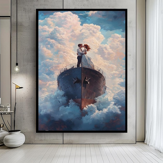 Romantic Couple on Dream Ship Canvas Wall Art – Titanic Inspired Fantasy Love Scene – Cloud Sky Ocean Romance Home Decor Print