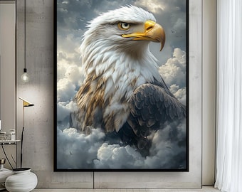 Majestic Bald Eagle Canvas Wall Art – Powerful Realistic Bird Portrait Soaring in Clouds Patriotic Wildlife Artwork for Home or Office