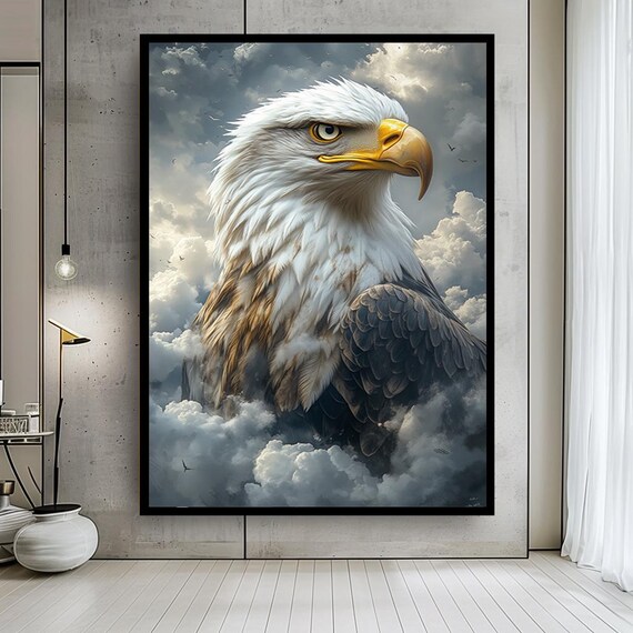 Majestic Bald Eagle Canvas Wall Art – Powerful Realistic Bird Portrait Soaring in Clouds Patriotic Wildlife Artwork for Home or Office