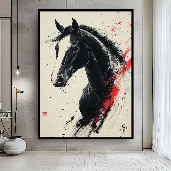 Elegant Black Horse Canvas Wall Art with Asian Ink Style and Red Brush Strokes – Bold Modern Animal Print for Unique Home Decor
