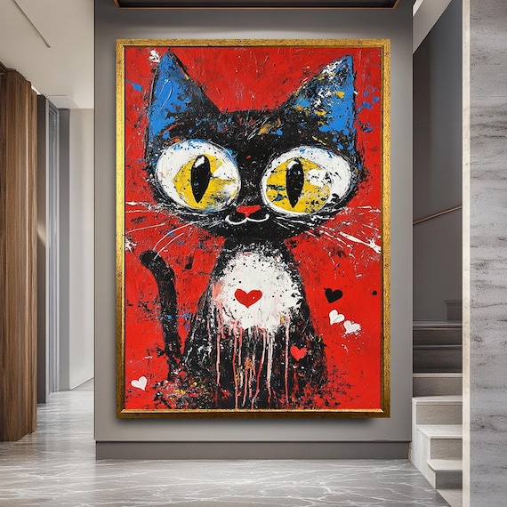 Colorful Abstract Cat Wall Art – Large Pop Art Painting on Red Background – Handmade Acrylic Cat Canvas for Modern Home Decor