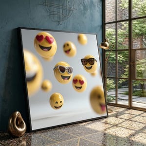Playful Emoticon Faces Canvas, Smiling Emoji Wall Art, Fun Digital Expression Decor, Modern Happy Faces Canvas, Youthful Room Decoration