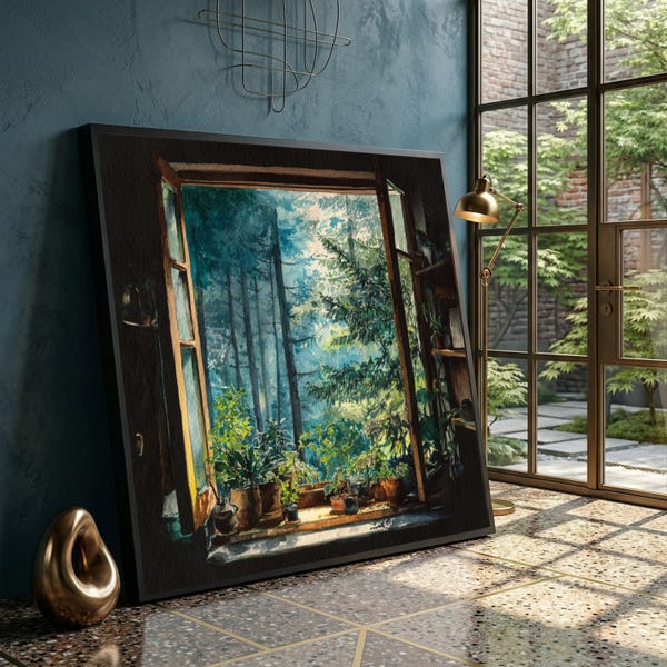 Vista de bosque iluminado por el sol a través de una ventana abierta (lienzo), plantas botánicas de interior, arte mural de naturaleza, escena tranquila de bosque, impresión en lienzo para decoración del hogar