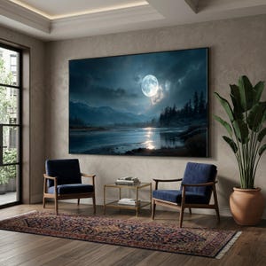 Full Moon Night Over Mountain Lake, Serene Landscape Canvas, Mystical Moonlight Reflection, Nature Wall Art, Tranquil Forest Scene