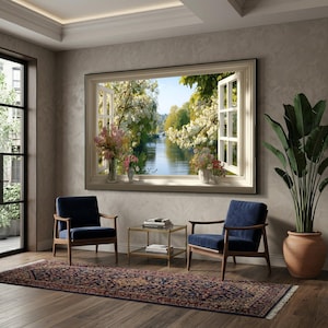 Lentebloesem rivierzicht canvas, open raam scène muurkunst, bloemen landschap canvas, rustige natuur decoratie, klaar om op te hangen Home Art
