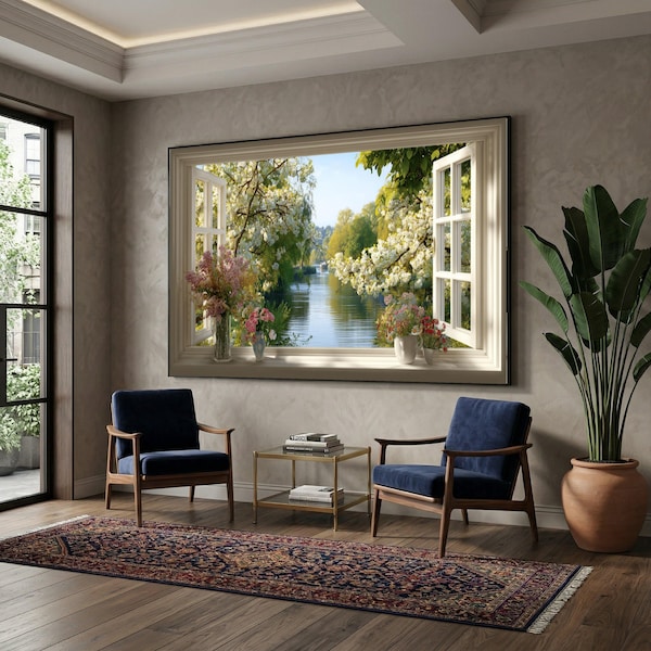 Spring Blossom River View Canvas, Open Window Scene Wall Art, Floral Landscape Canvas, Tranquil Nature Decoration, Ready to Hang Home Art