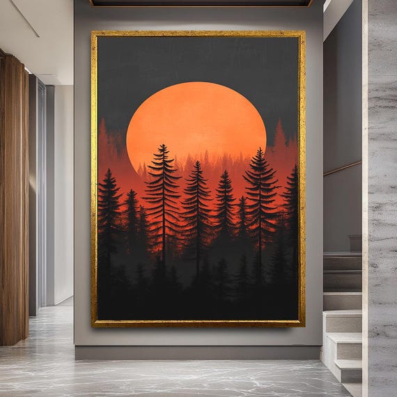 Sunset Forest Canvas Wall Art – Minimalist Pine Tree Silhouette Painting – Bold Orange Nature Landscape Print for Rustic Home Decor