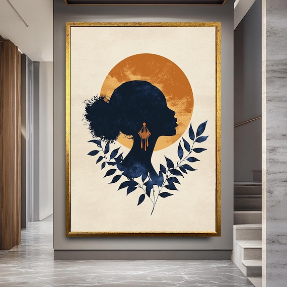 Minimalist African Woman Canvas Art: Boho Sun & Leaf Portrait