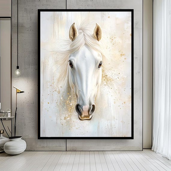 White Horse Canvas Wall Art – Minimalist Elegant Horse Portrait Print with Golden Accents – Modern Animal Artwork for Bright Decor