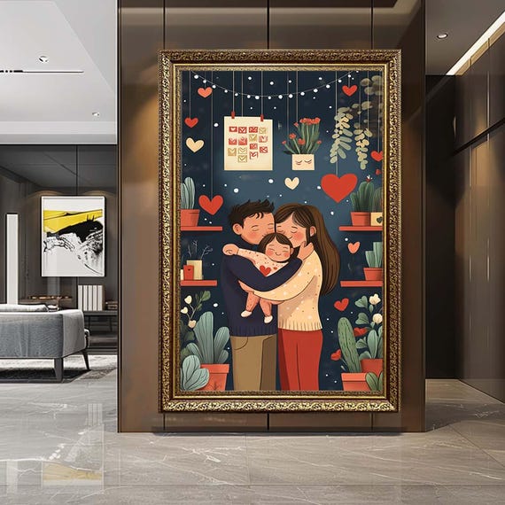 Family Love Canvas Wall Art – Cute Parents and Child Hug Illustration – Heartwarming Family Artwork for Home Decor