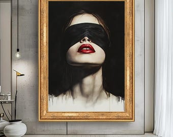 Lienzo de mujer con los ojos vendados: pintura de labios sensuales de estética oscura, impresión de retrato moderno y atrevido, decoración artística femenina misteriosa para dormitorio.