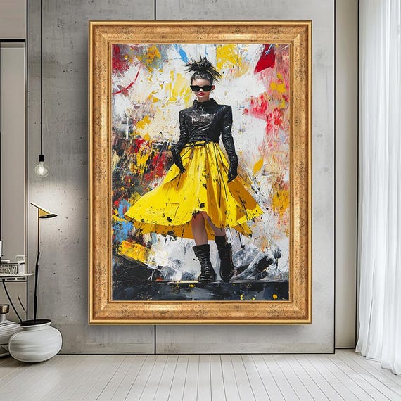 Fashion Woman Canvas – Abstract Modern Art with Yellow Skirt, Stylish Girl Wall Decor, Bold Color Pop Print, Edgy Contemporary Artwork