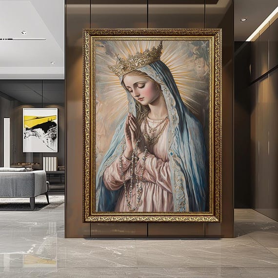 Queen Virgin Mary Wall Art | Crowned Madonna in Prayer Canvas Print | Catholic Religious Artwork with Rosary for Sacred Home Decor