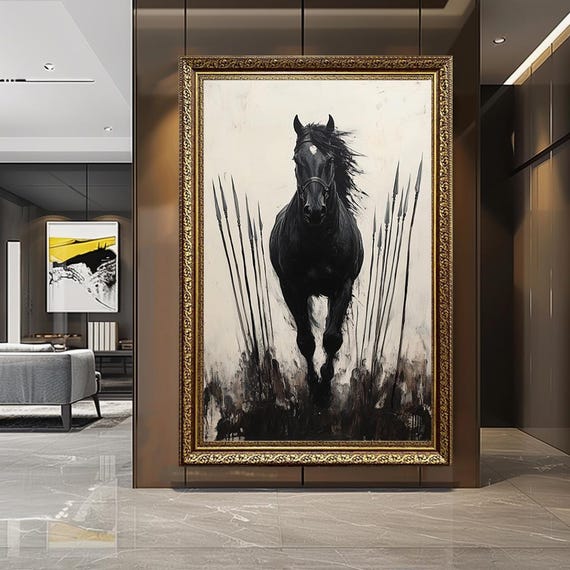 Black Horse Canvas Wall Art – Warrior Horse Painting Print with Spears – Bold Dark Horse Artwork for Home or Office Wall Decor