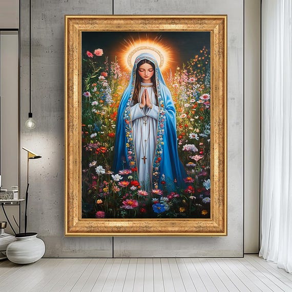 Virgin Mary in Flower Garden Canvas – Religious Floral Wall Art – Blessed Mother Catholic Print – Spiritual Artwork for Home or Chapel