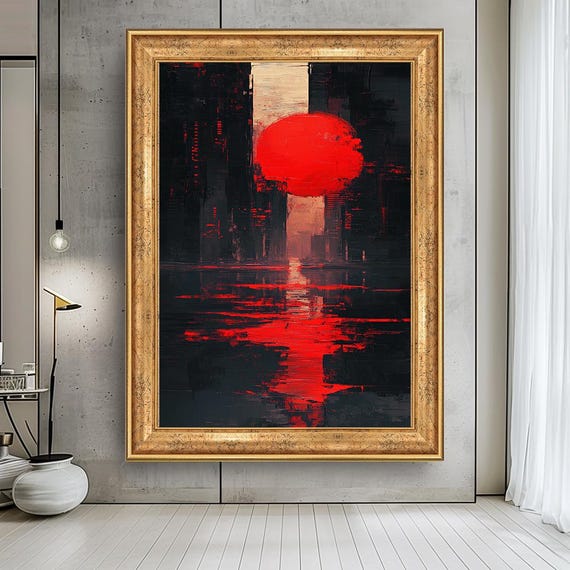 Modern Abstract Red Sunset Canvas Print: Minimalist Cityscape Wall Art