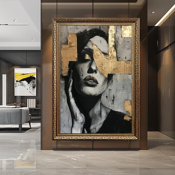 Luxury Gold Leaf Woman Portrait Wall Art | Dramatic Abstract Female Canvas Print | Elegant Black-Grey Modern Decor