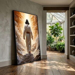 Spiritual Figure Walking Through Radiant Light Canvas, Inspirational Wall Art, Divine Glow Home Decor, Serene Pathway Canvas Design