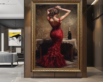 Canvaskunst elegante vrouw in rode jurk: romantisch vrouwelijk schilderij