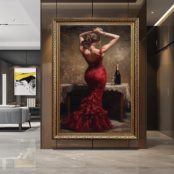 Elegant Woman in Red Dress Canvas – Romantic Back View Wall Art with Wine and Champagne – Classic Feminine Painting for Luxury Decor