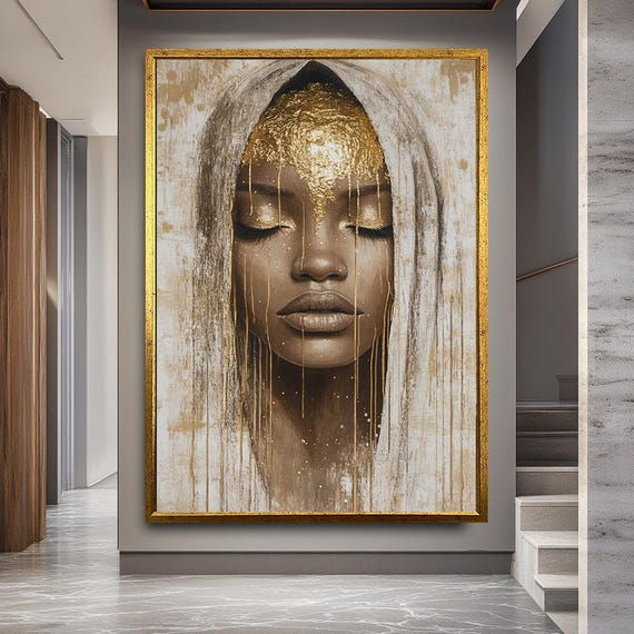 Luxury African Woman Wall Art With Gold Drip Effect, Modern Black Girl Portrait Canvas Print For Glam Living Room Or Bedroom Decor