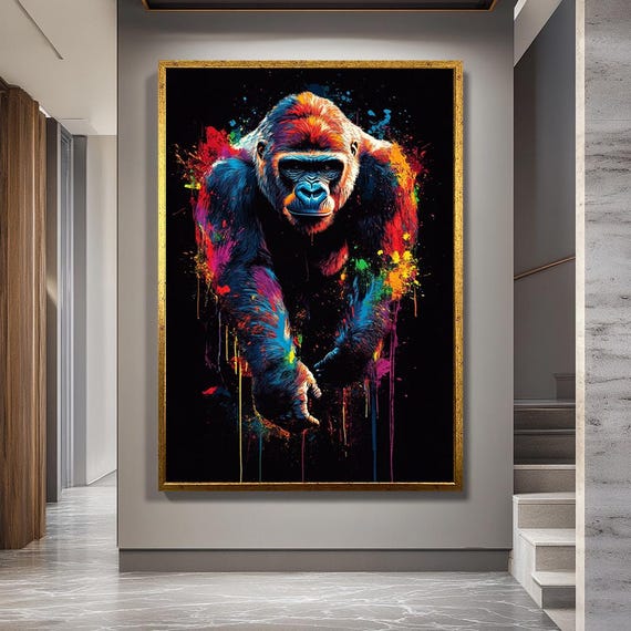 Colorful Neon Gorilla Canvas Wall Art – Vibrant Urban Jungle Animal Print – Modern Pop Art Style Bold Wildlife Decor Print