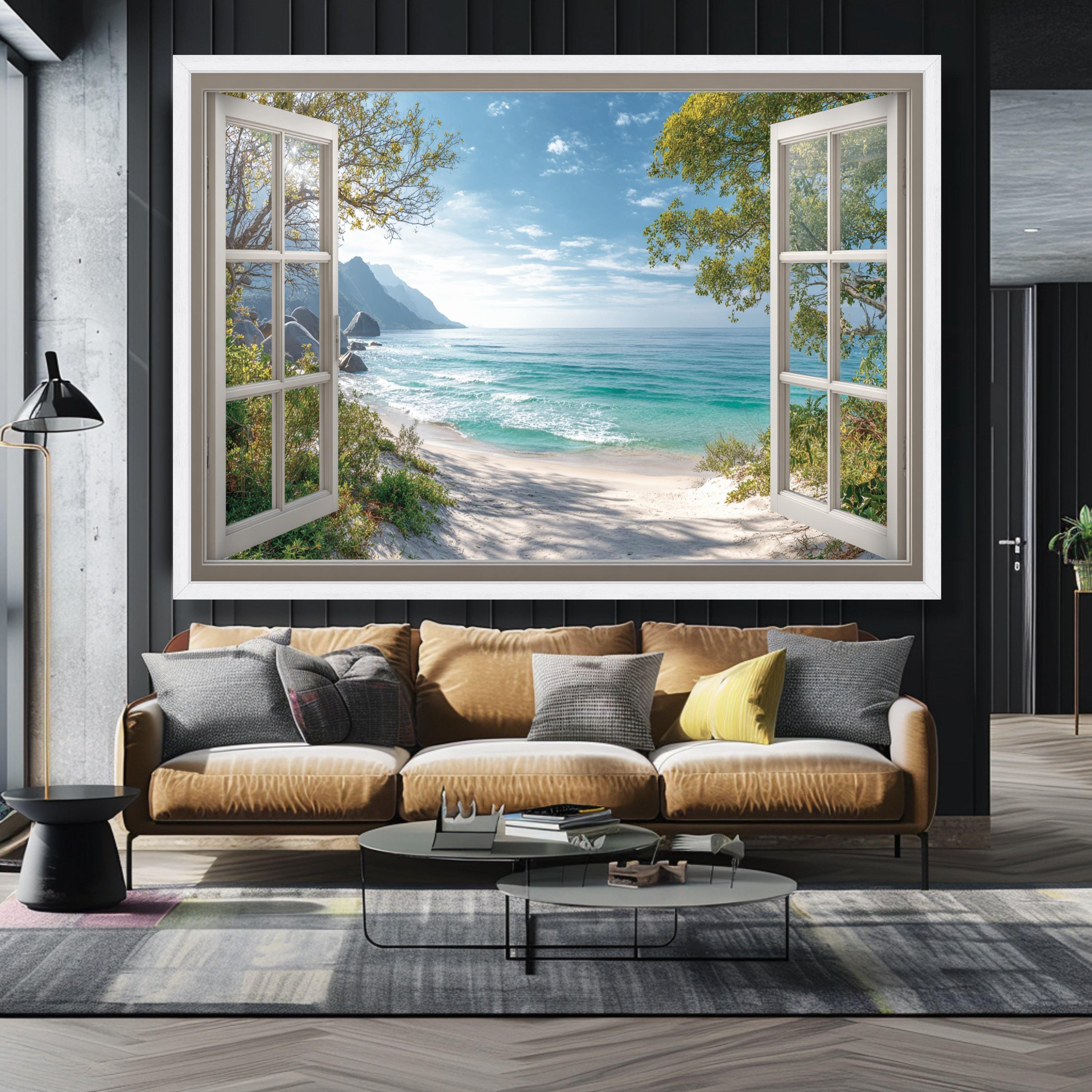 Ocean View Through Open Window Canvas, Tropical Beach Wall Art, Seaside ...