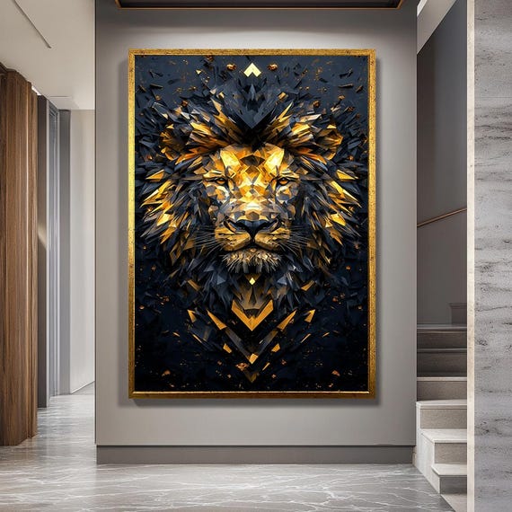 Geometric Gold Lion Canvas Wall Art – Modern Polygonal Jungle King Design – Luxury Black and Gold Animal Decor Print