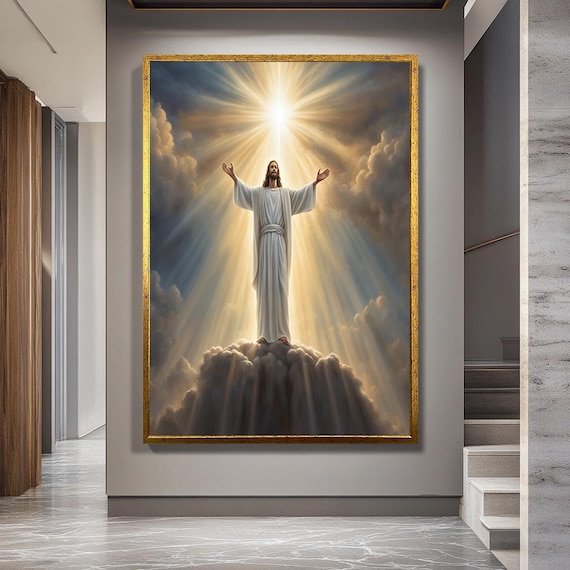 Ascension of Jesus Canvas Wall Art – Radiant Christian Artwork of Christ Surrounded by Heavenly Light and Clouds for Faith Room Decor