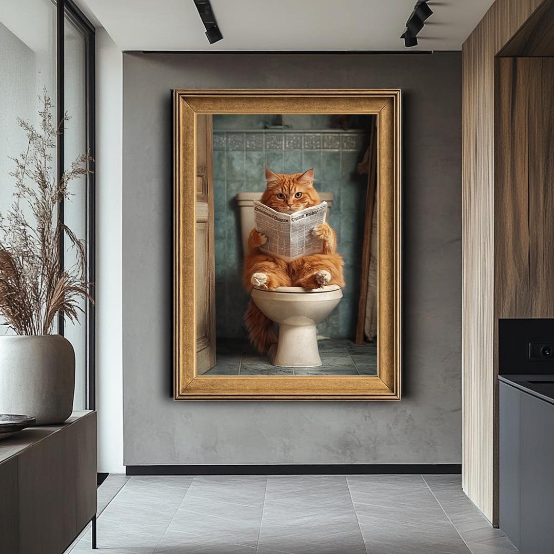Funny Cat on Toilet Canvas Wall Art, Orange Tabby Reading Newspaper ...