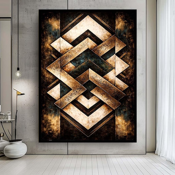 Abstract Geometric Canvas Wall Art – Metallic Gold and Bronze Pattern Print – Modern Industrial Artwork for Stylish Home Decor