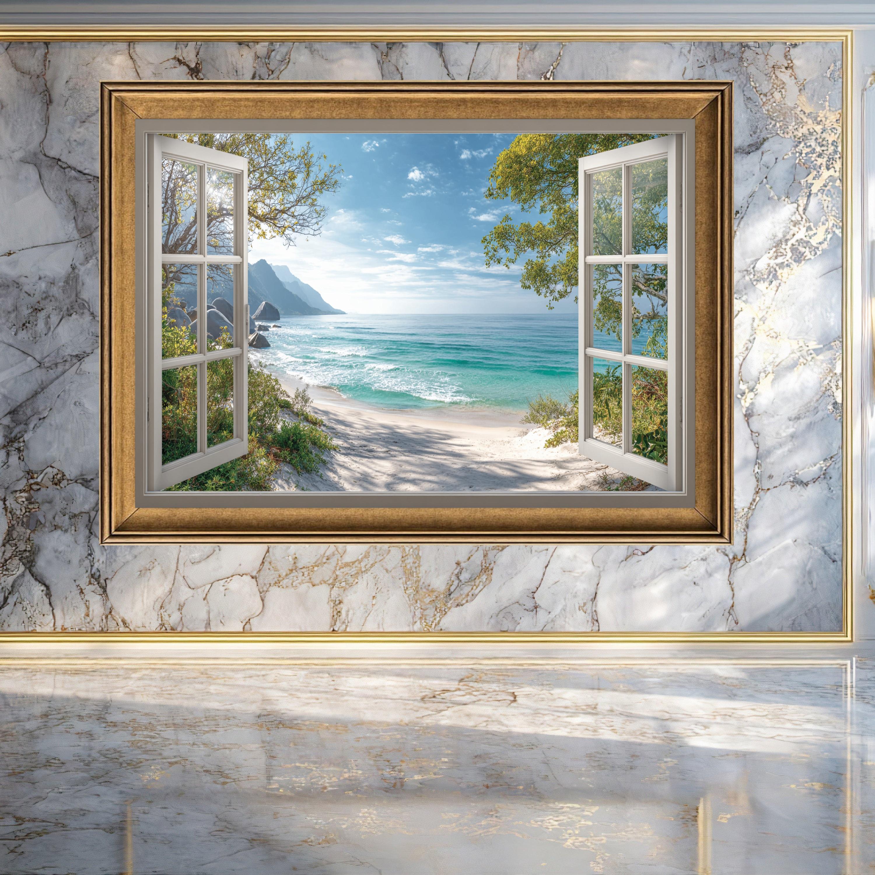 Ocean View Through Open Window Canvas, Tropical Beach Wall Art, Seaside ...