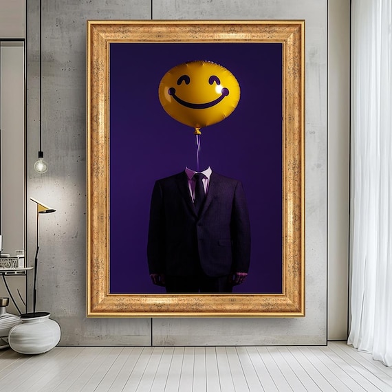 Surreal Smiley Balloon Head Canvas Art | Modern Abstract Wall Decor | Purple Background Office Artwork Print